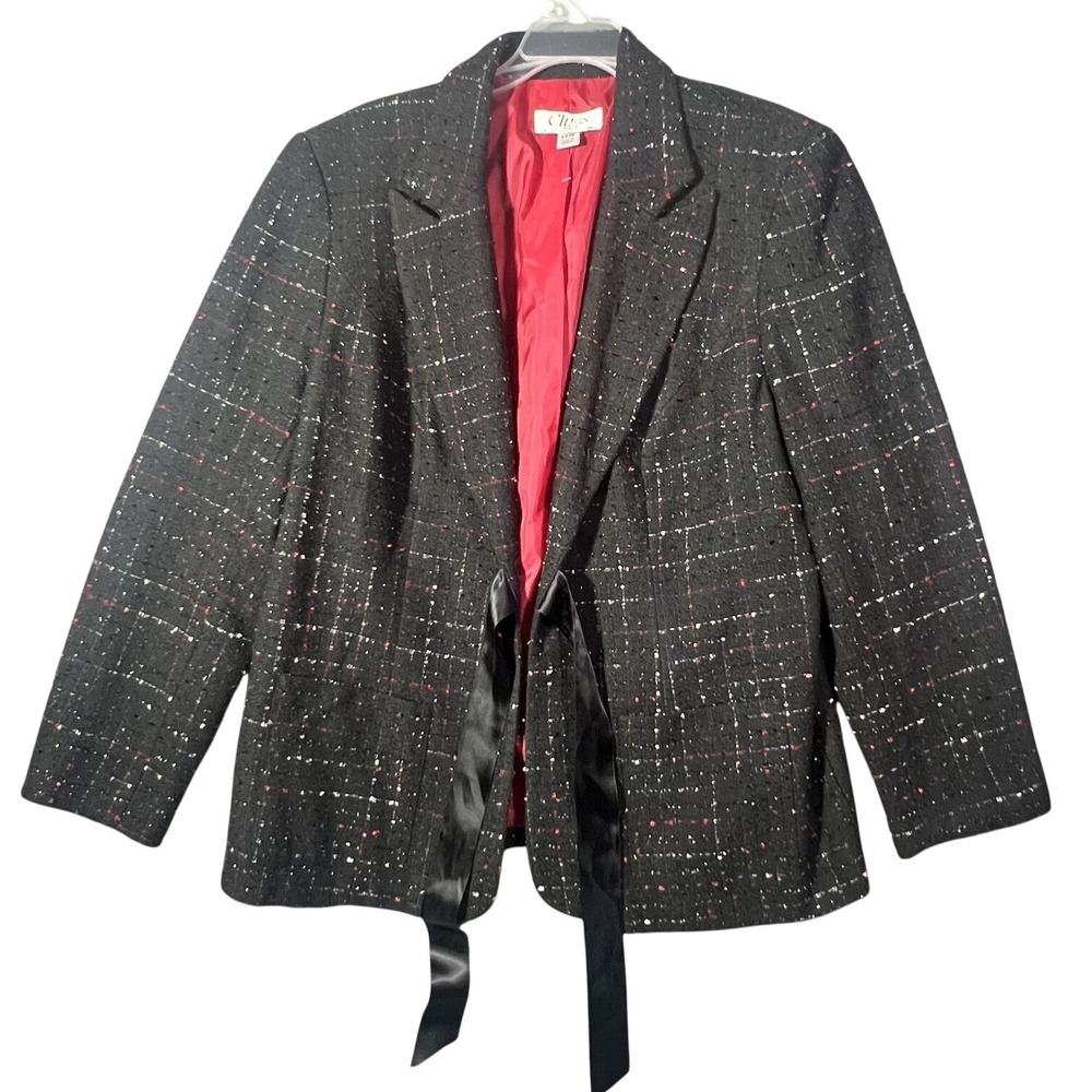 Clues Woman Black Red White Tweed Blazer Jacket Tie Waist Lined Plus Size 18W